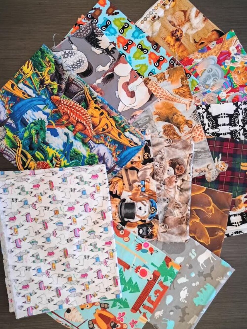 ANIMAL THEMED COTTON FABRIC SCRAPS DOG ELEPHANT WALRUS RACCOON LLAMA 1 LB 12 OZ